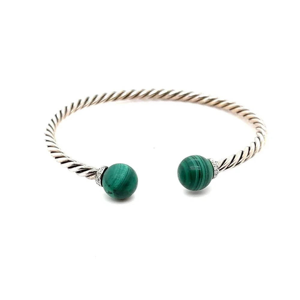 David Yurman Solari Malachite Diamond Sterling Silver Cable Bypass Bracelet M